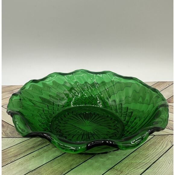 1950s Anchor Hocking Emerald Green Starburst Glass Footed Serving Dish Bowl 6.5” - Picture 1 of 6